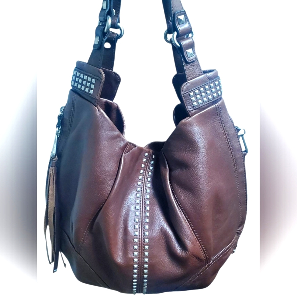 B. Makowsky Brown Leather Fringe Shoulder Bag